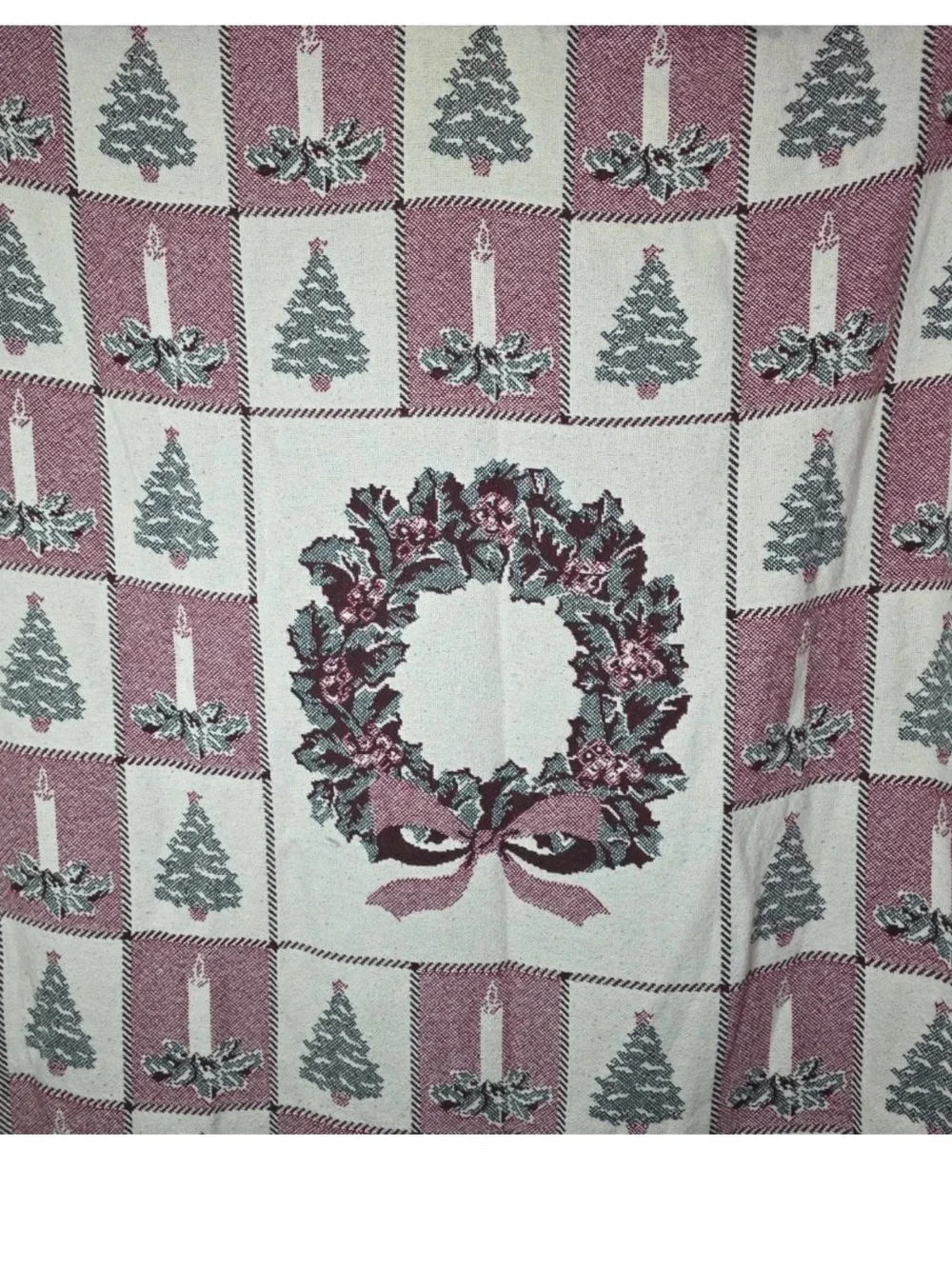 Vintage Christmas Woven Throw Blanket Wreath Tree Candle 46x54 Rustic